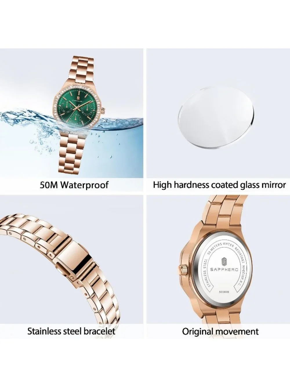 Women's Rose Gold Strap/ Green Round Face Analog Waterproof Elegant Wrist Watch